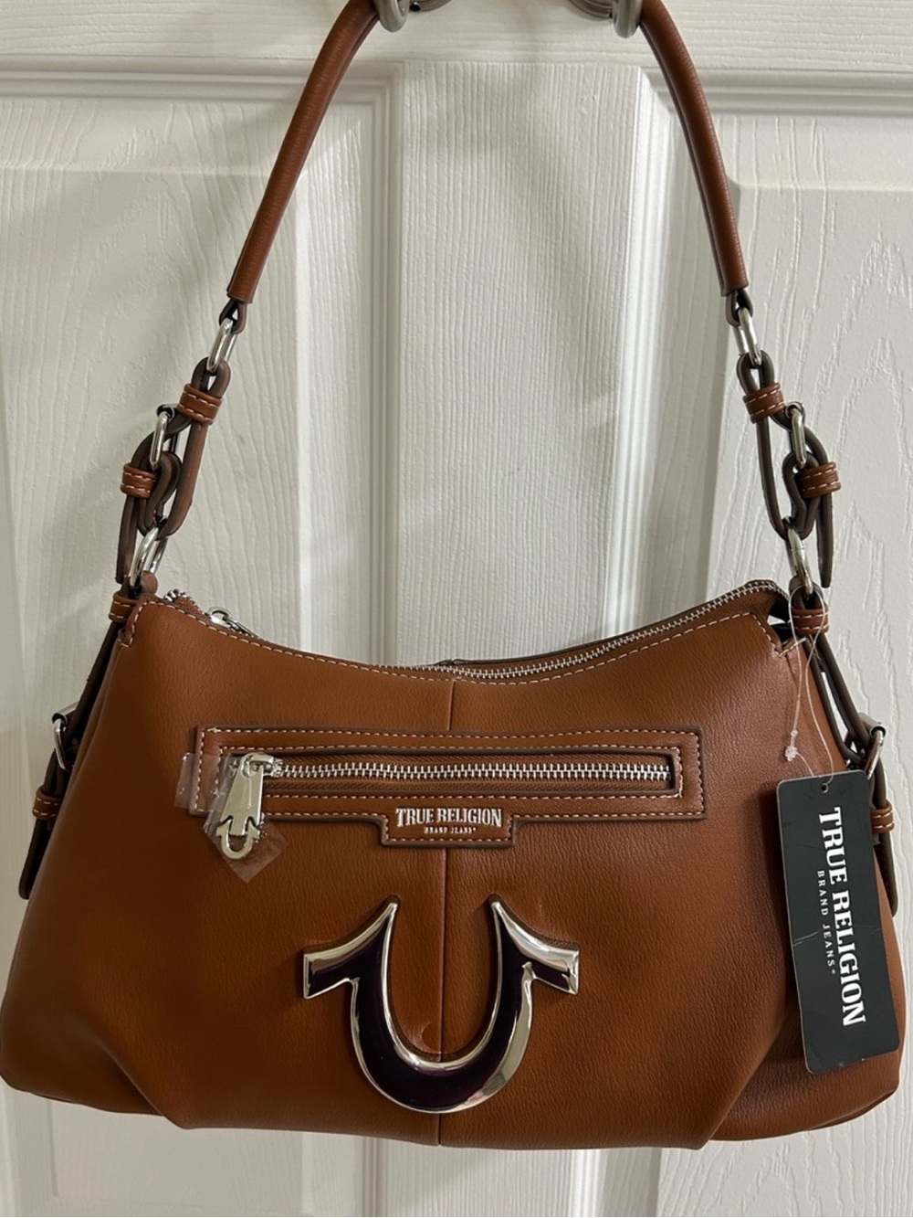 True Religion Zip Chain Soft Satchel featuring oversized metallic horseshoeNWT